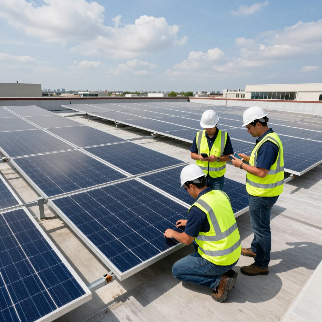 Three workers in safety vests inspect rooftop solar panels under a bright sky.