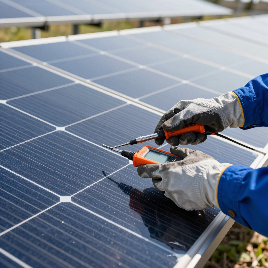 Gloved hands using a tool to inspect solar panels in bright sunlight