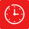 A white clock icon on a red background.