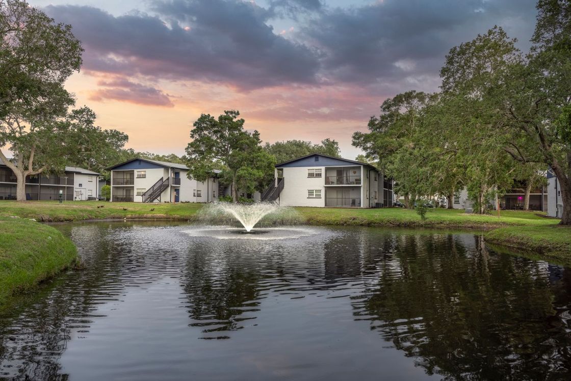 Pond with water fountain and apartment buildings