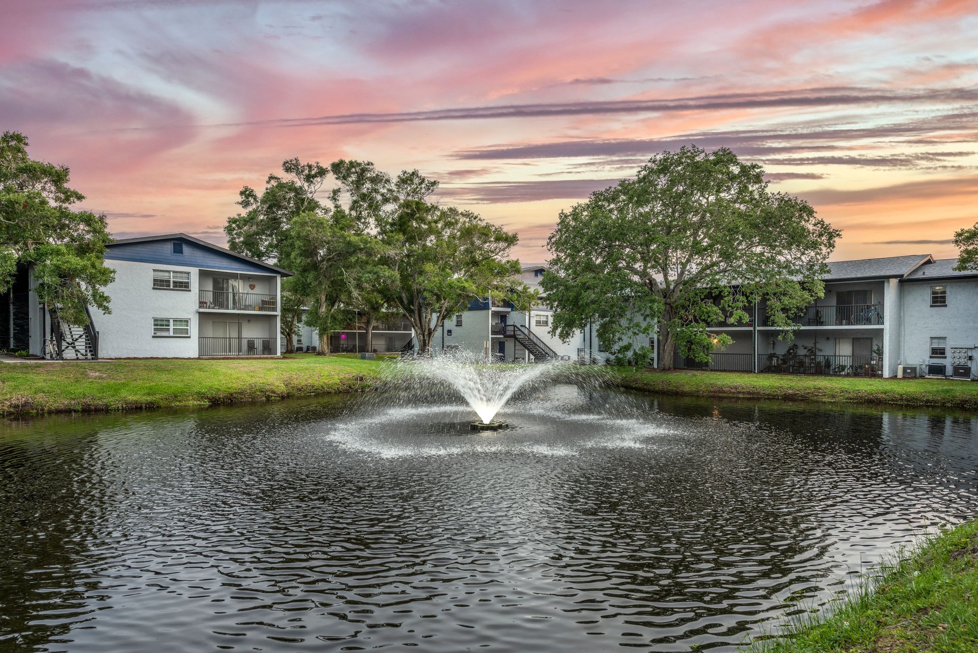 Pond with central water fountain