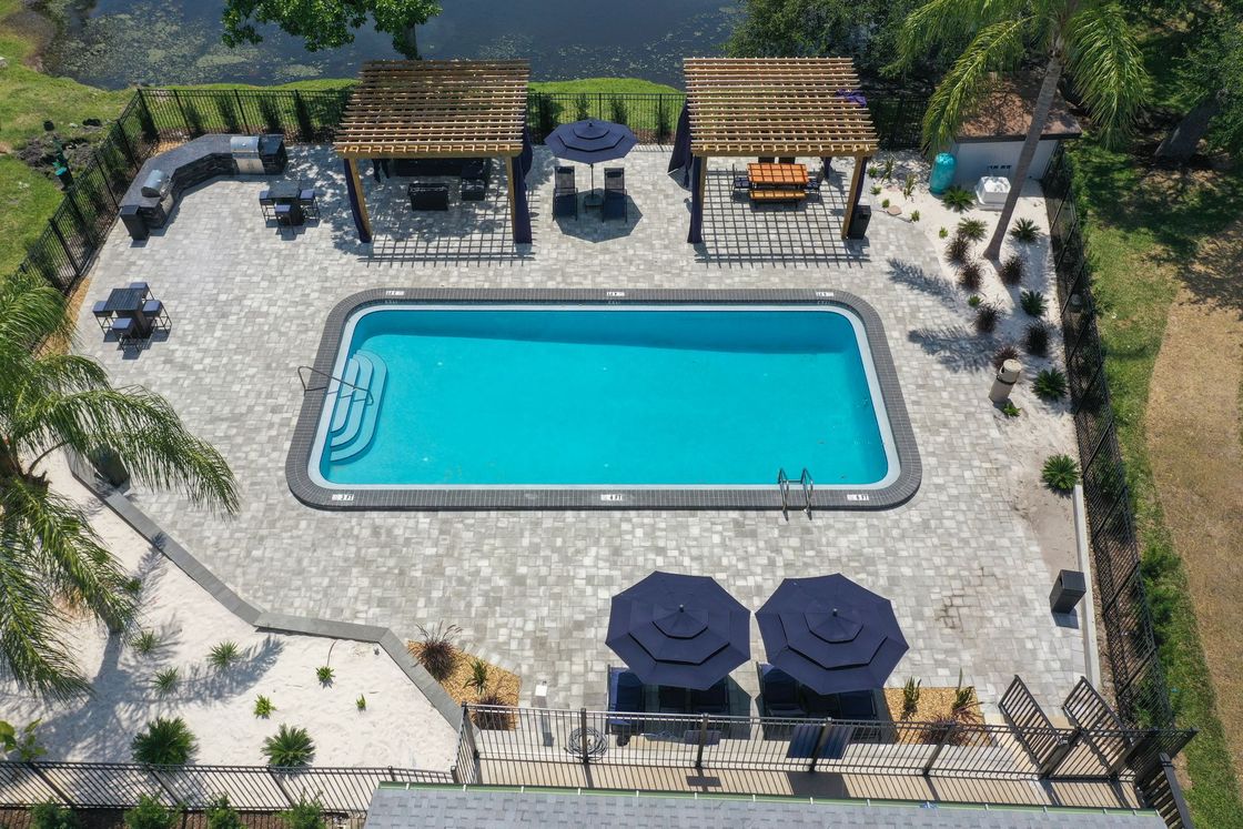 Aerial view of pool and grill area