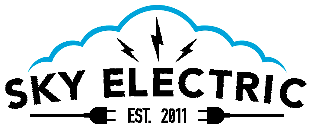 Sky Electric logo: blue cloud, lightning bolts, black text, electrical plug icons,