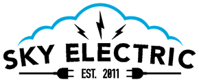 Sky Electric logo: blue cloud, lightning bolts, black text, electrical plug icons,