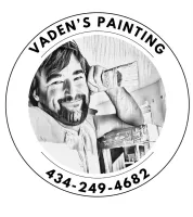 Vaden’s Painting logo with a smiling painter in a circular black-and-white emblem and phone number 434-249-4682