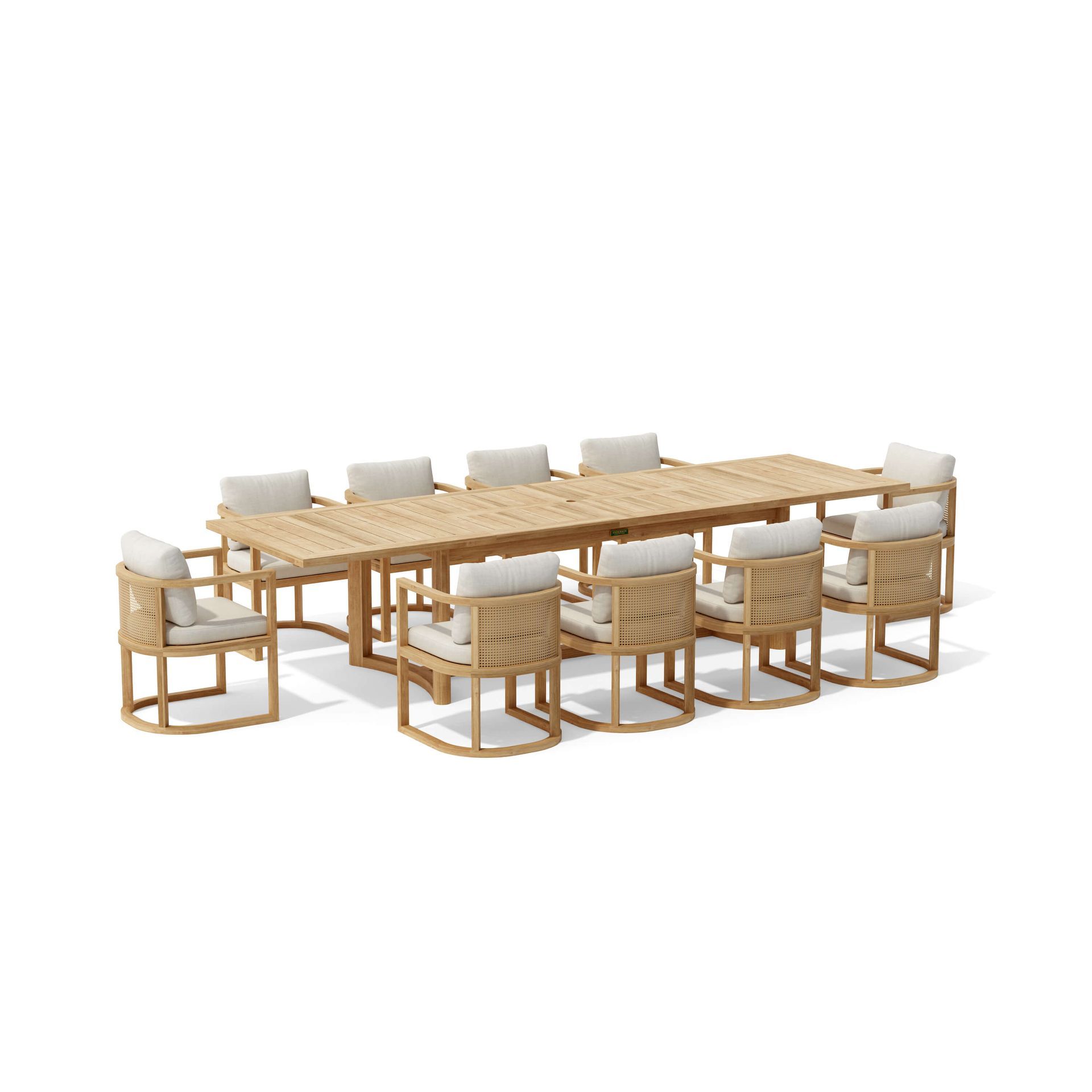 Long wooden dining table with matching light wood chairs on a white background