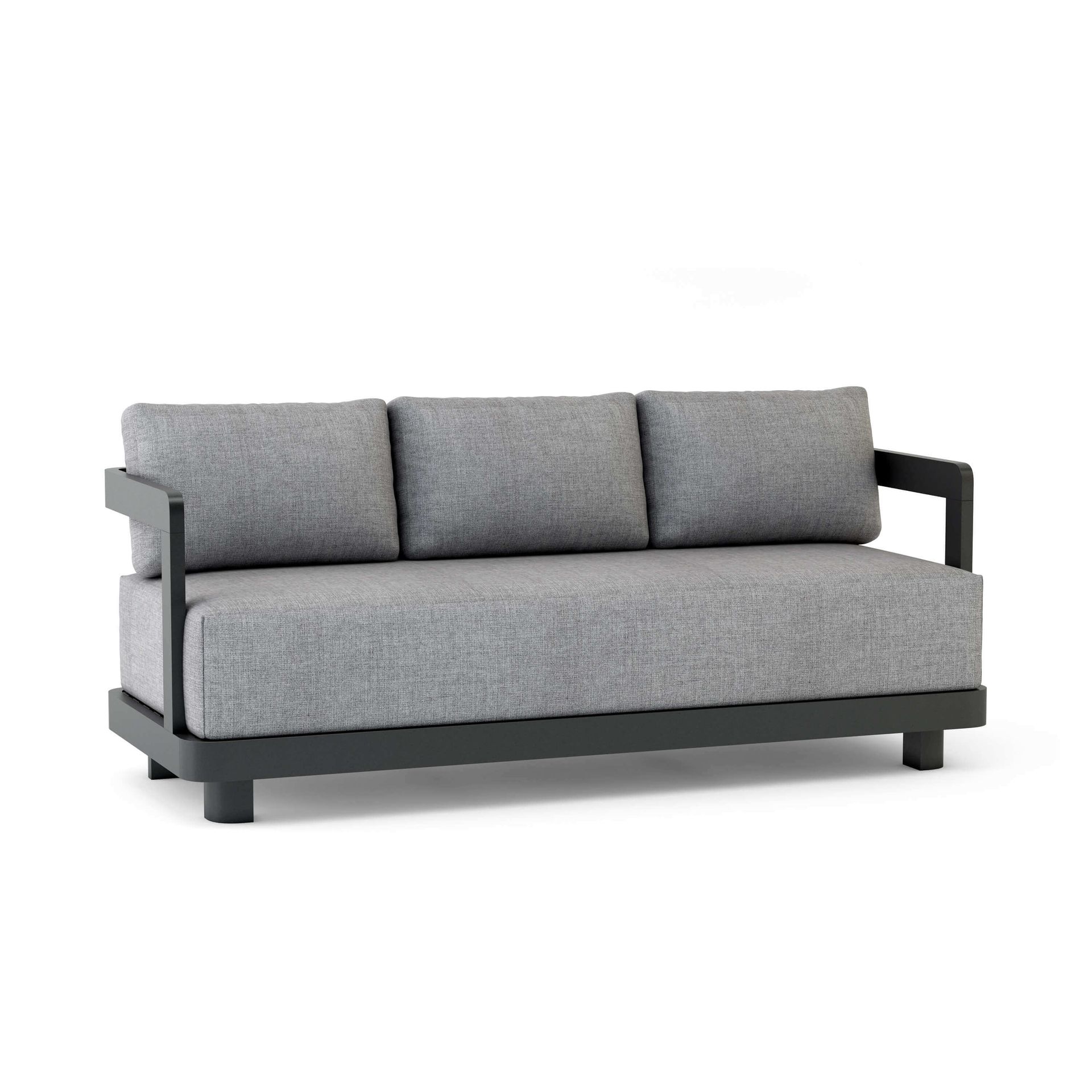 Gray three-seat sofa with dark wooden arms and legs on a white background