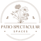 Patio Spectacular Spaces logo with floral line art in a circular beige design
