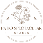 Patio Spectacular Spaces logo with floral line art in soft beige and brown inside a circular frame