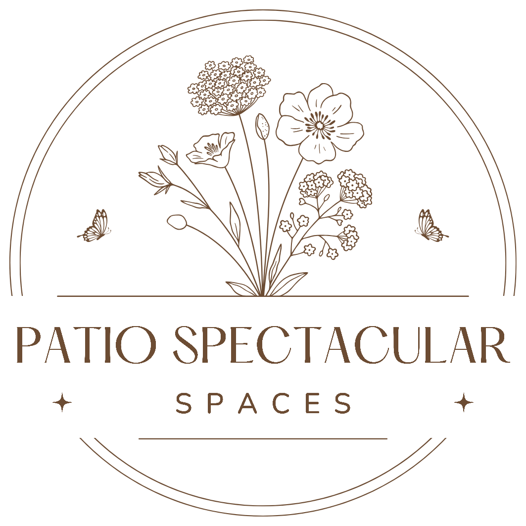 Patio Spectacular Spaces logo with floral line art in soft beige and brown inside a circular frame