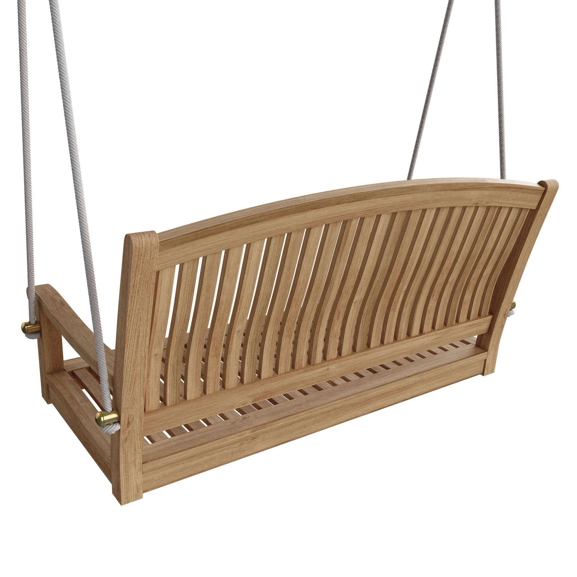 Wooden porch swing bench with curved slatted back, suspended by metal chains.