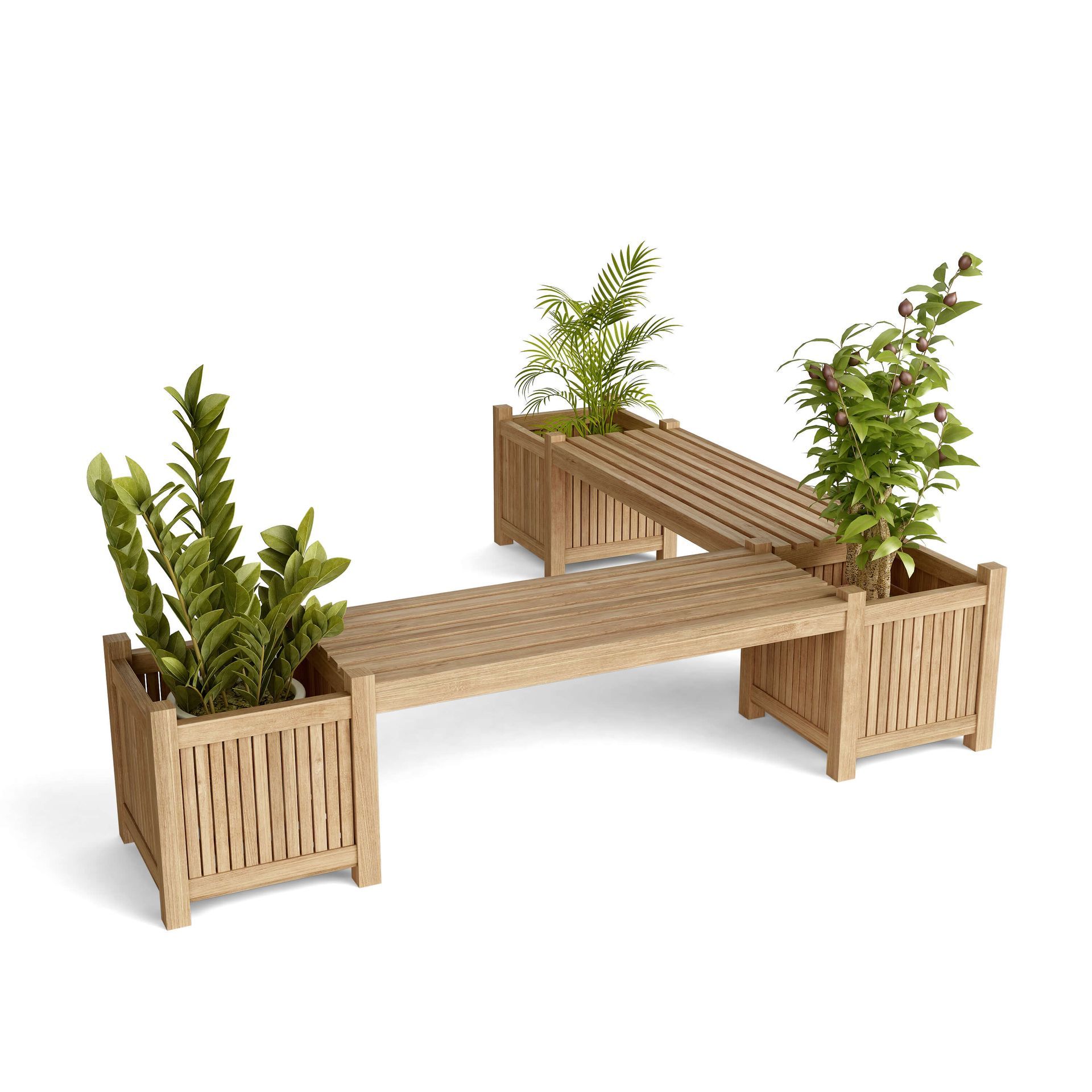 Wooden bench planter with slatted seats and green plants on a white background