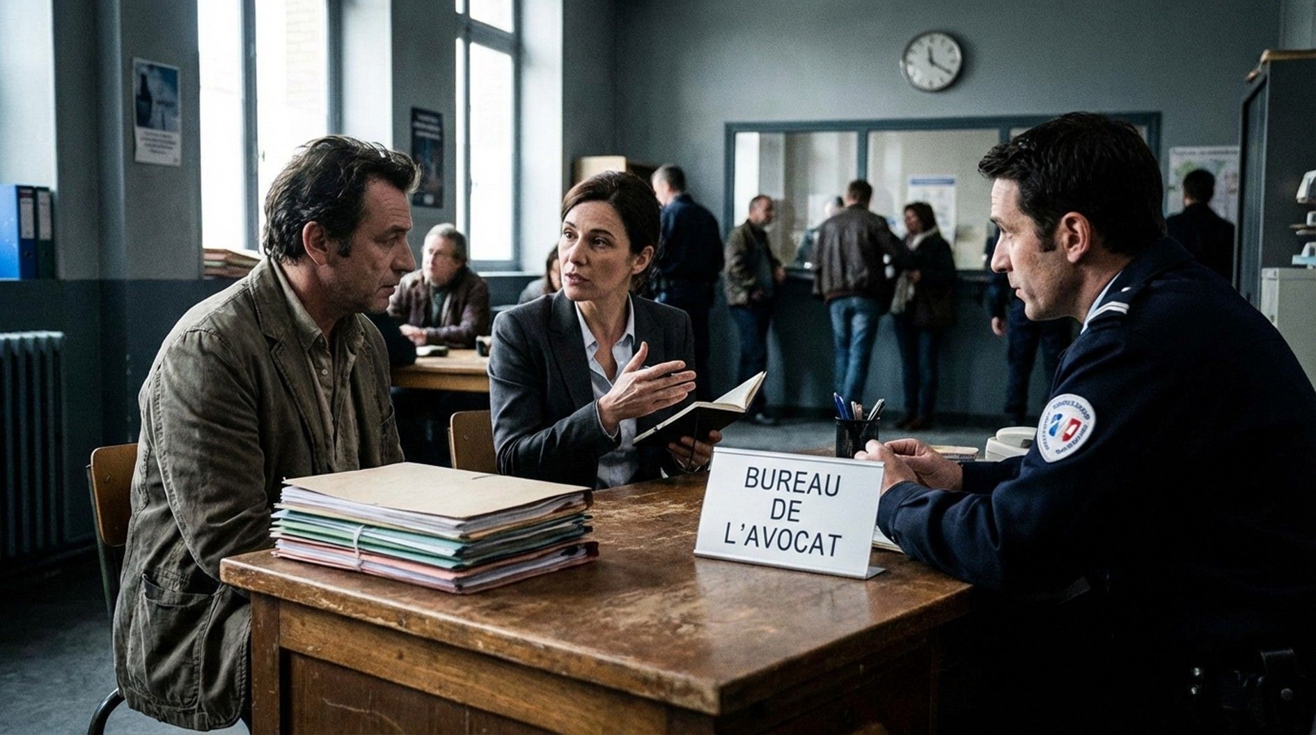 Un policier et une femme discutent de part et d'autre d'un bureau dans la salle d'attente d'un tribunal