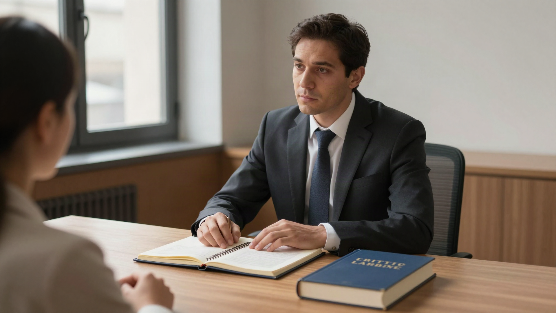 Un avocat pénaliste conseille son client dans un bureau, avant une audition libre
