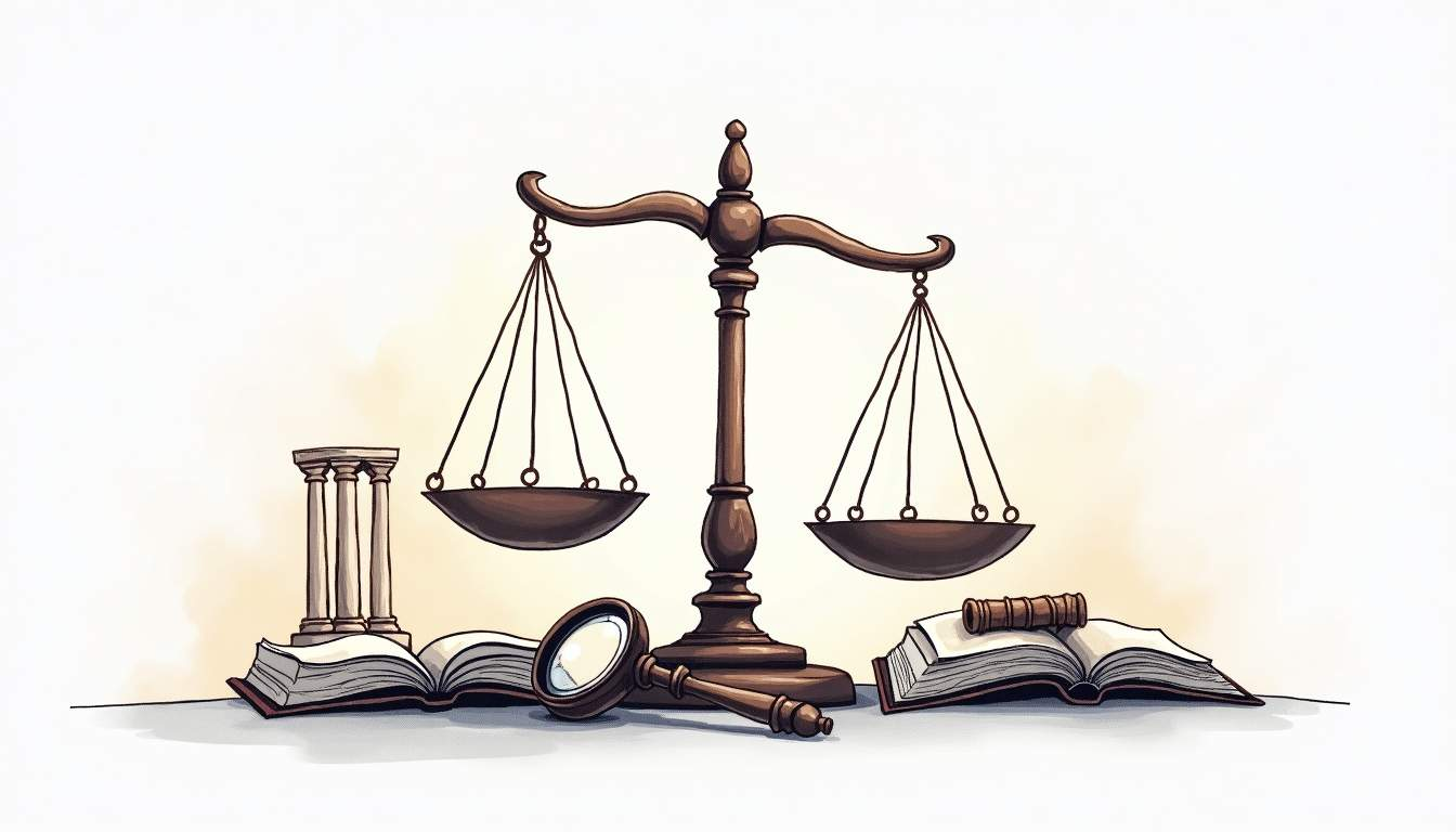 Scales of justice with books, magnifying glass, and pillars, representing law and fairness.