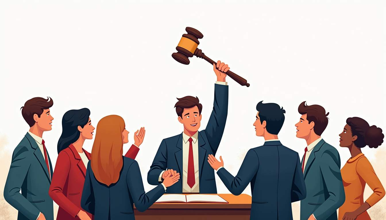 A group of people are standing around a judge holding a gavel.
