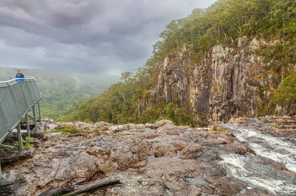 A Person Is Standing On A Bridge Overlooking A River — Chris Hackett Tree Services In Alstonville, NSW