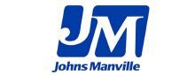 A blue and white logo for johns manville on a white background.