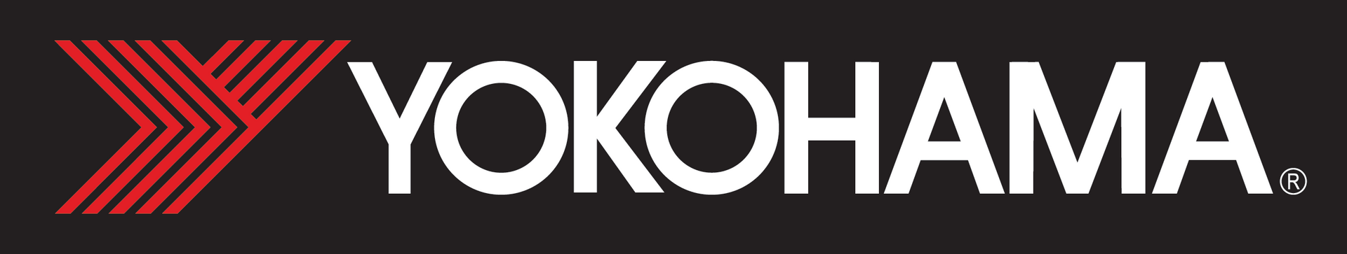 Yokohama logo in red and white on a black background
