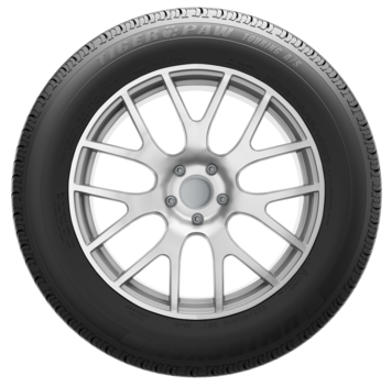 Silver alloy wheel with black tire on a white background