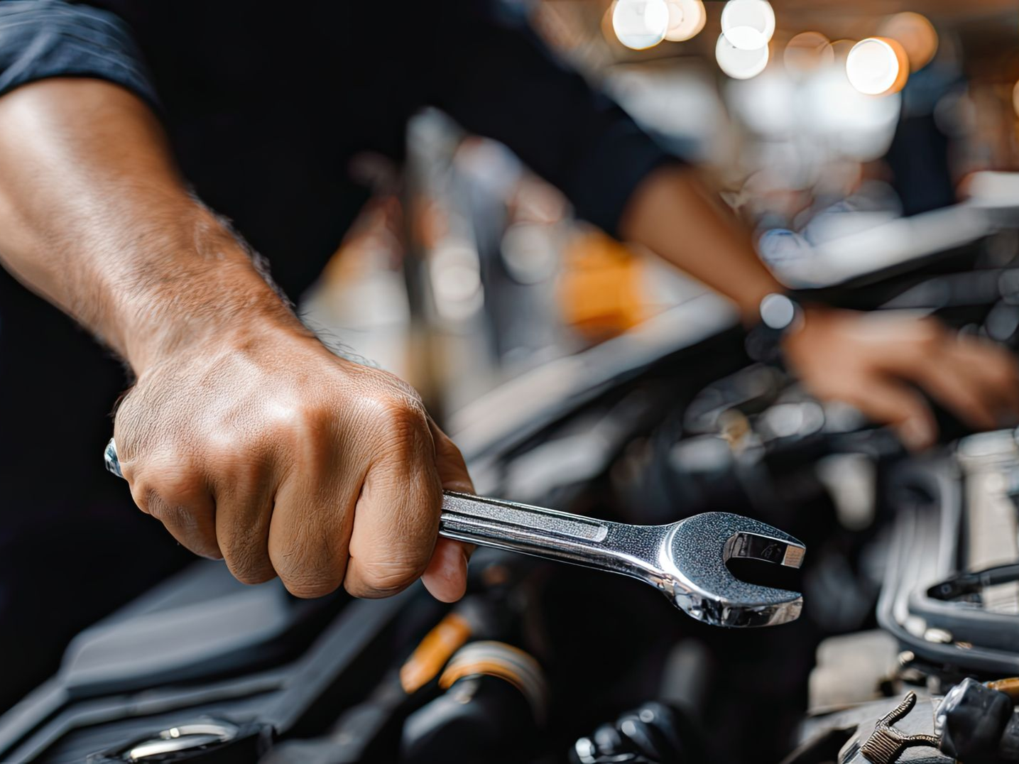 Mechanic tightening a bolt in an engine bay with a wrench