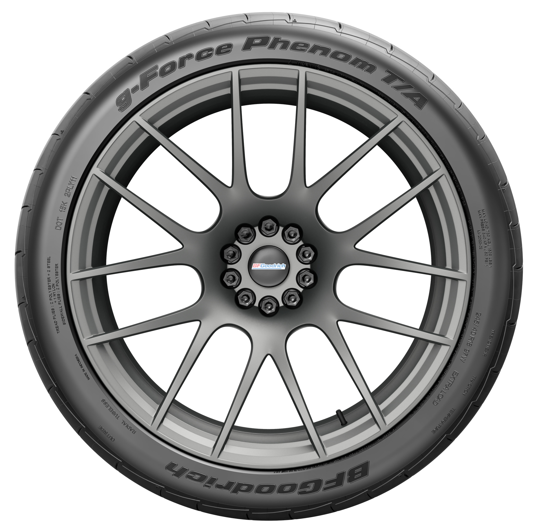 Close-up of a gray alloy car wheel with a black tire, seen from the front.