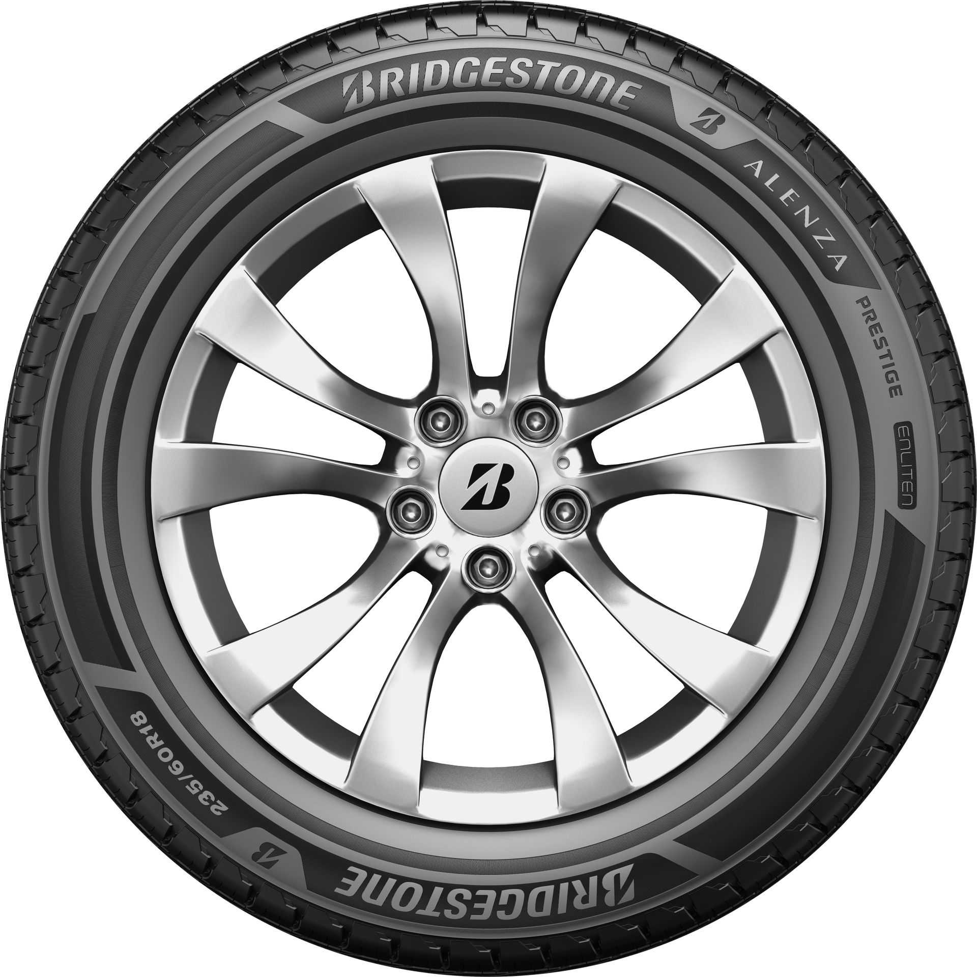 Bridgestone car tire mounted on a silver alloy wheel rim, front view on white background