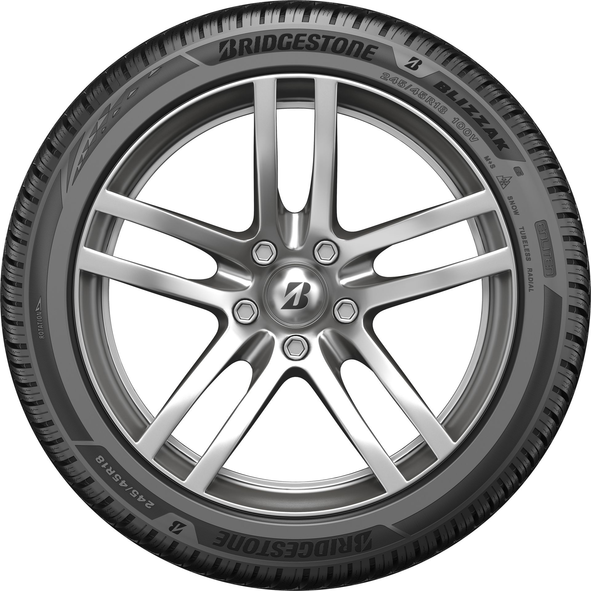 Silver alloy car wheel with a Bridgestone tire, front view