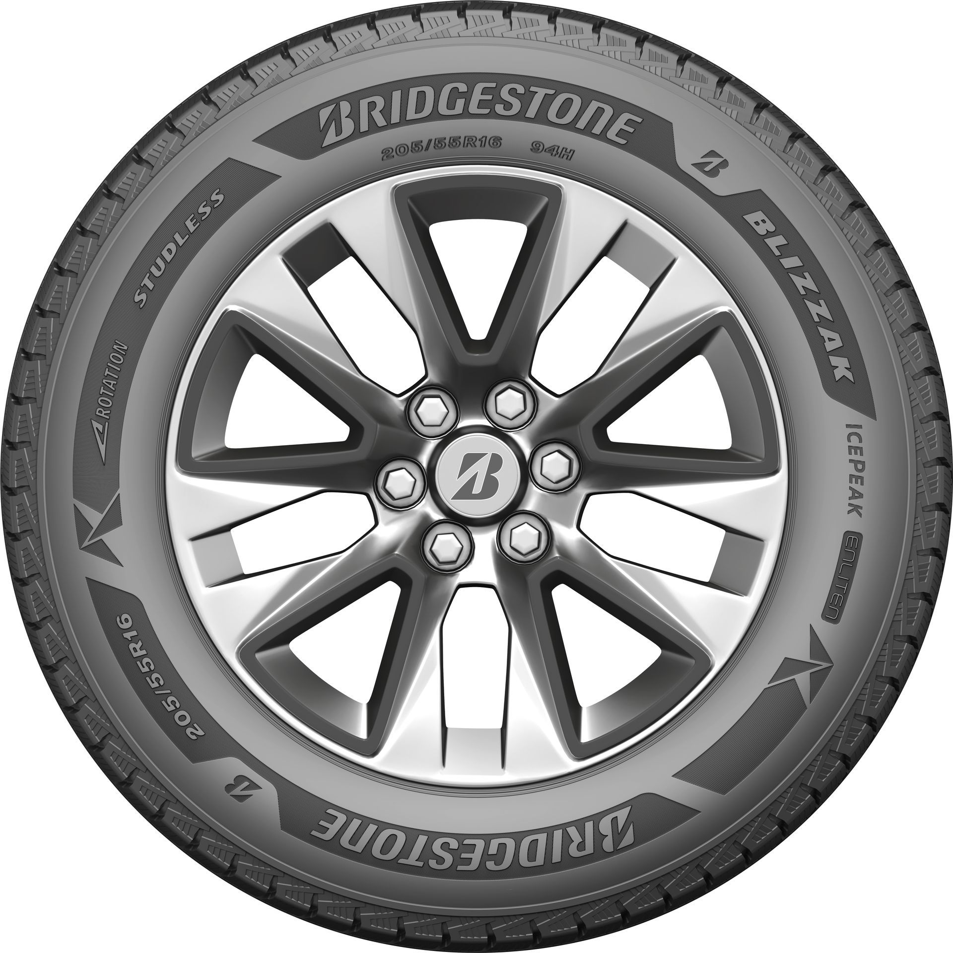 Bridgestone car tire and alloy wheel on a white background