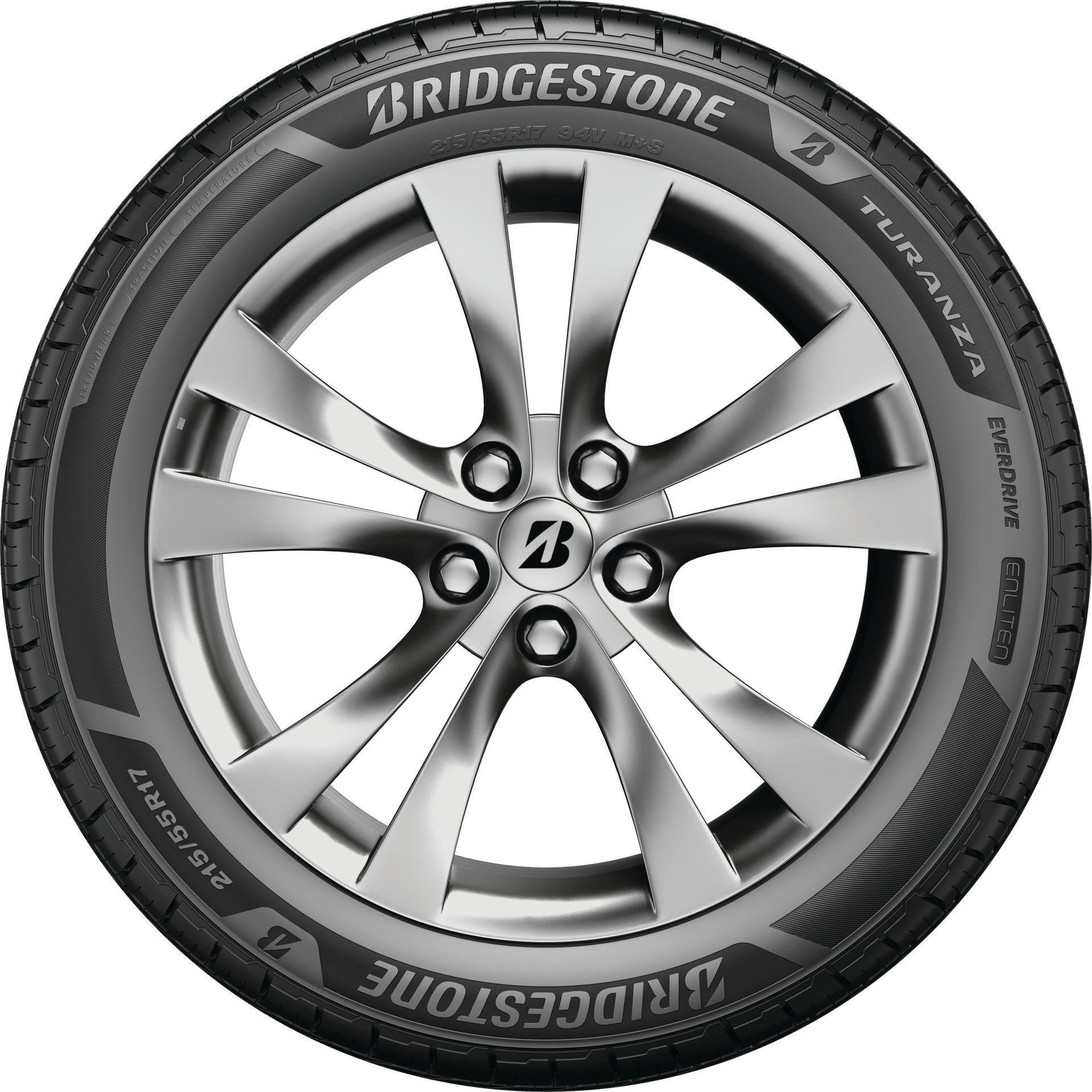 Bridgestone tire on a silver 5-spoke alloy wheel with Renault logo center cap