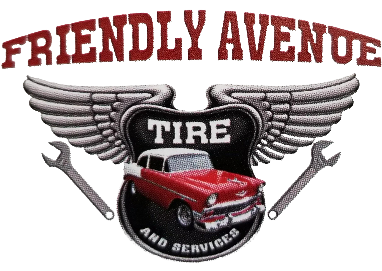 Friendly Avenue Tire and Service logo with a red vintage truck and winged tire emblem