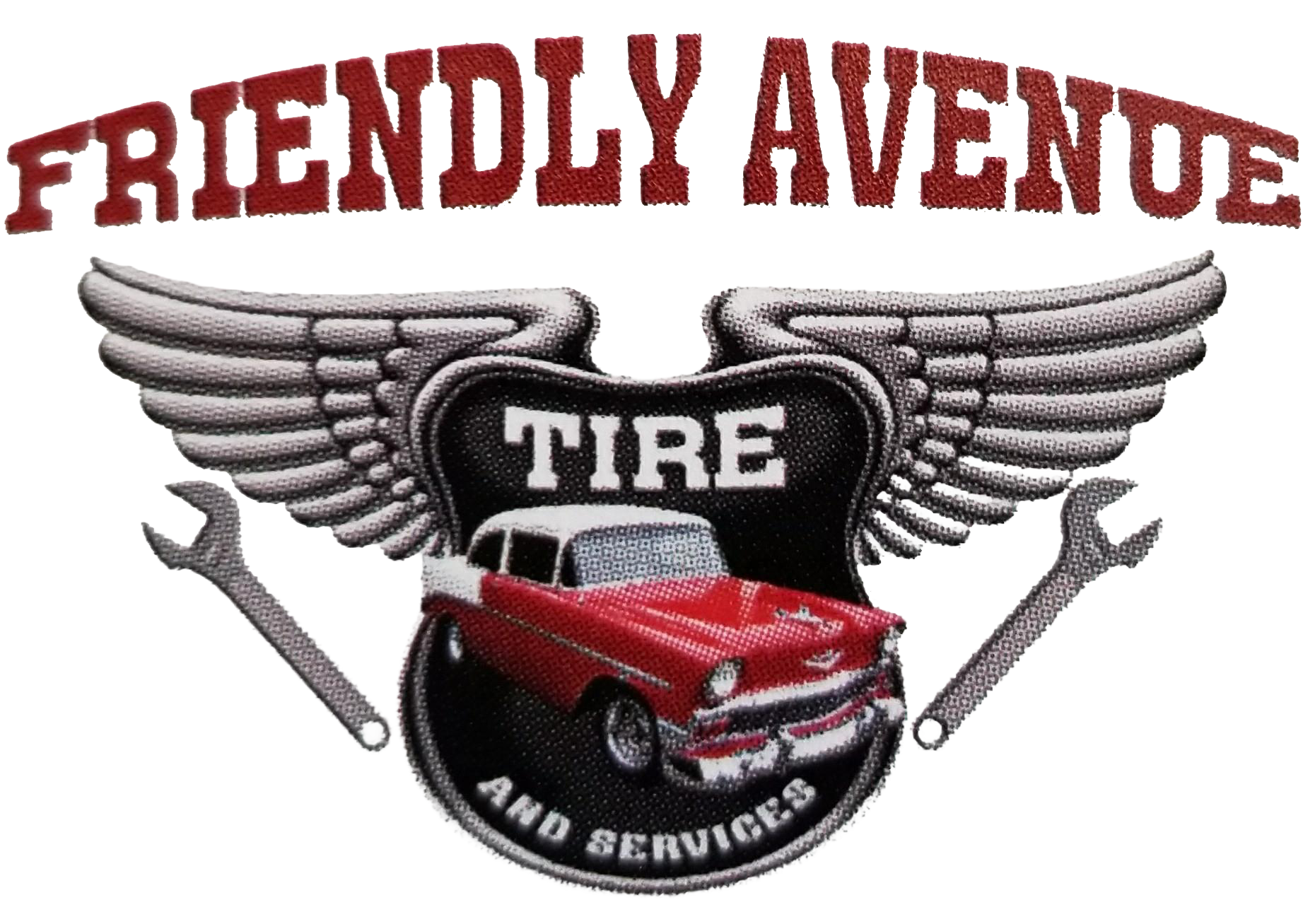 Friendly Avenue Tire and Service logo with a red vintage truck and winged tire emblem