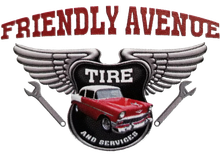 Friendly Avenue Tire and Service logo with a red vintage truck and winged tire emblem