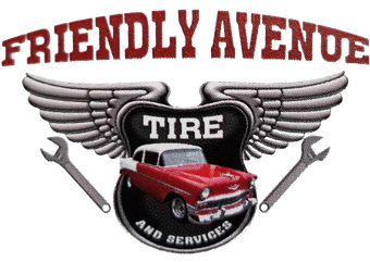 Friendly Avenue Tire and Service logo with a red vintage truck and winged tire emblem