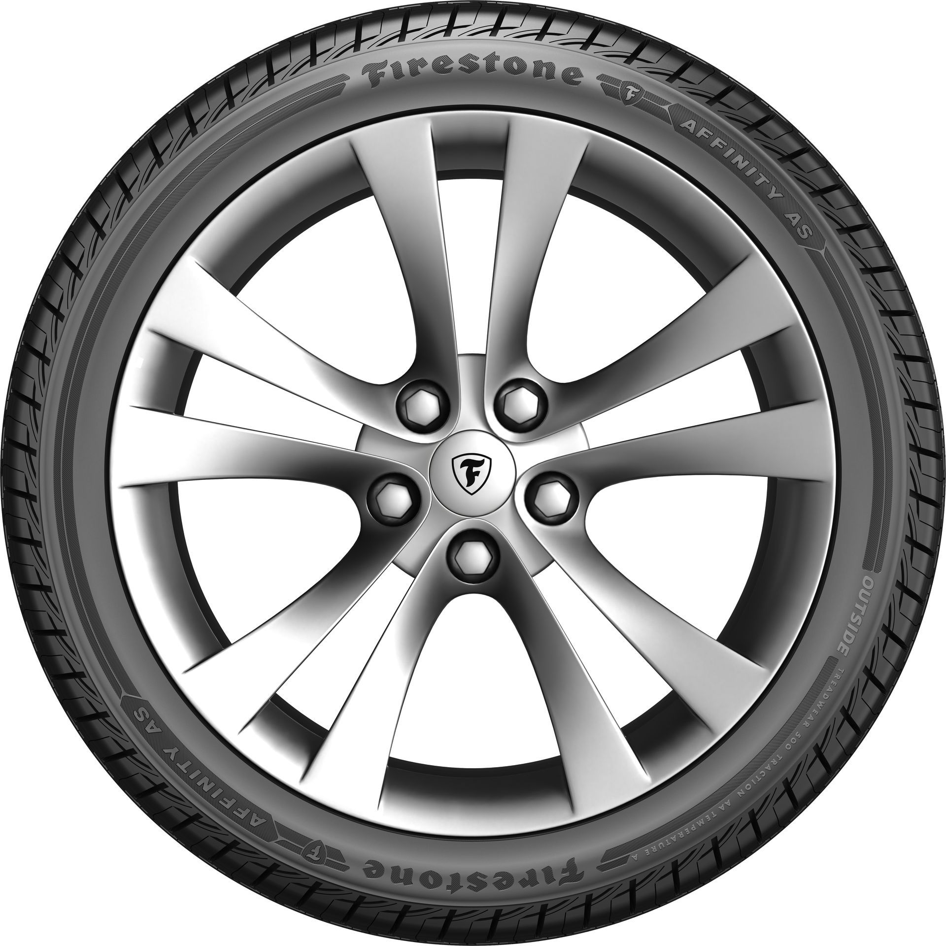 Car tire with silver alloy wheel and five-spoke rim on a white background