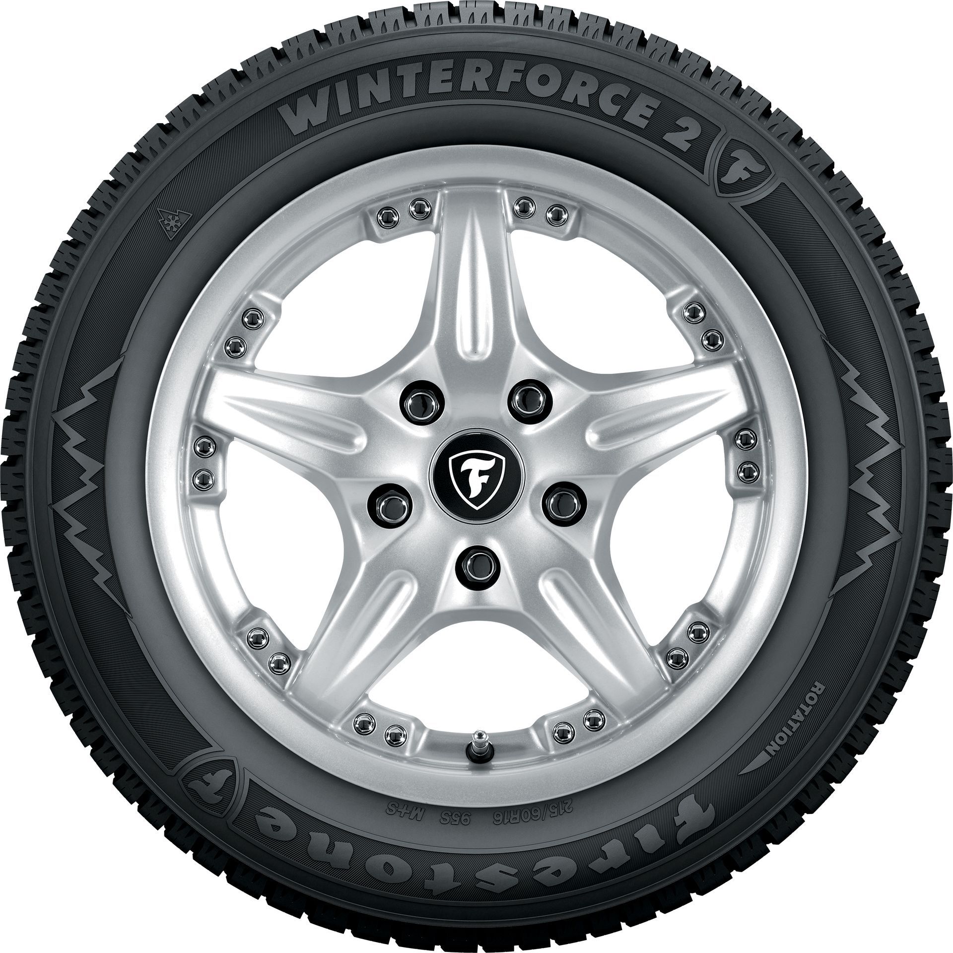 Silver five-spoke alloy wheel with black Winterforce tire and five lug nuts on a white background