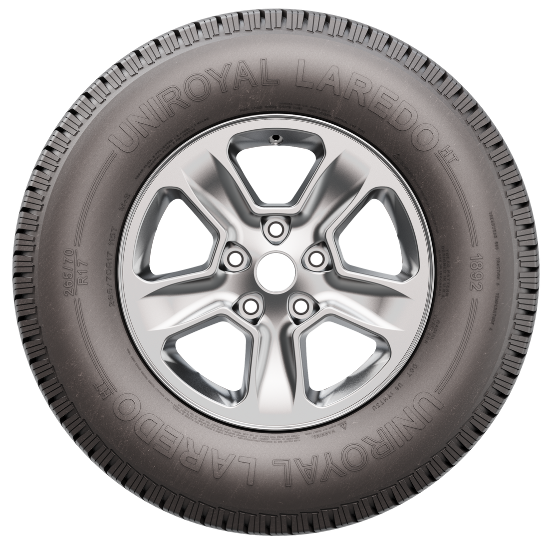 Close-up of a silver alloy car wheel with a black tire