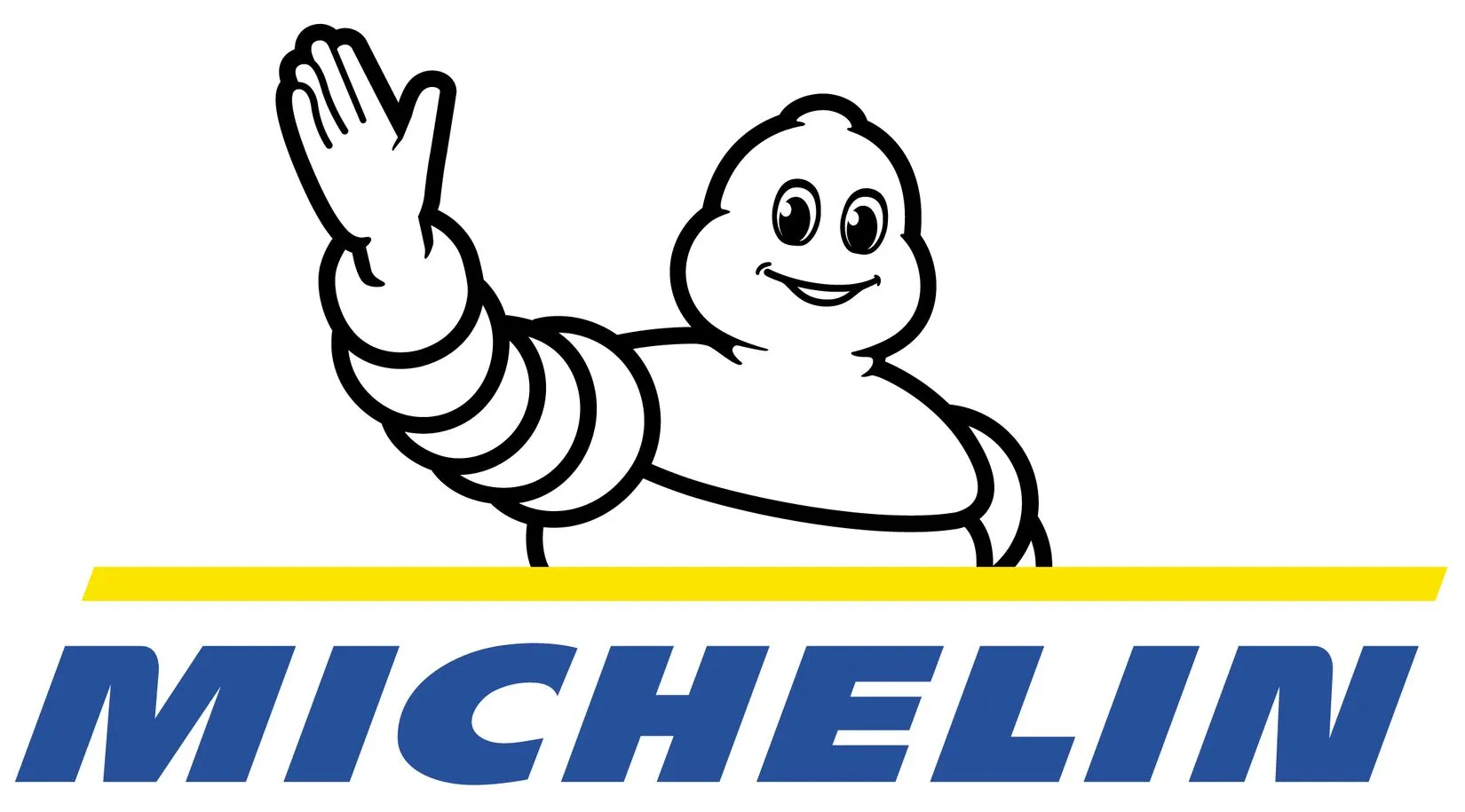 Michelin logo with the white Bibendum mascot waving above blue text and a yellow line