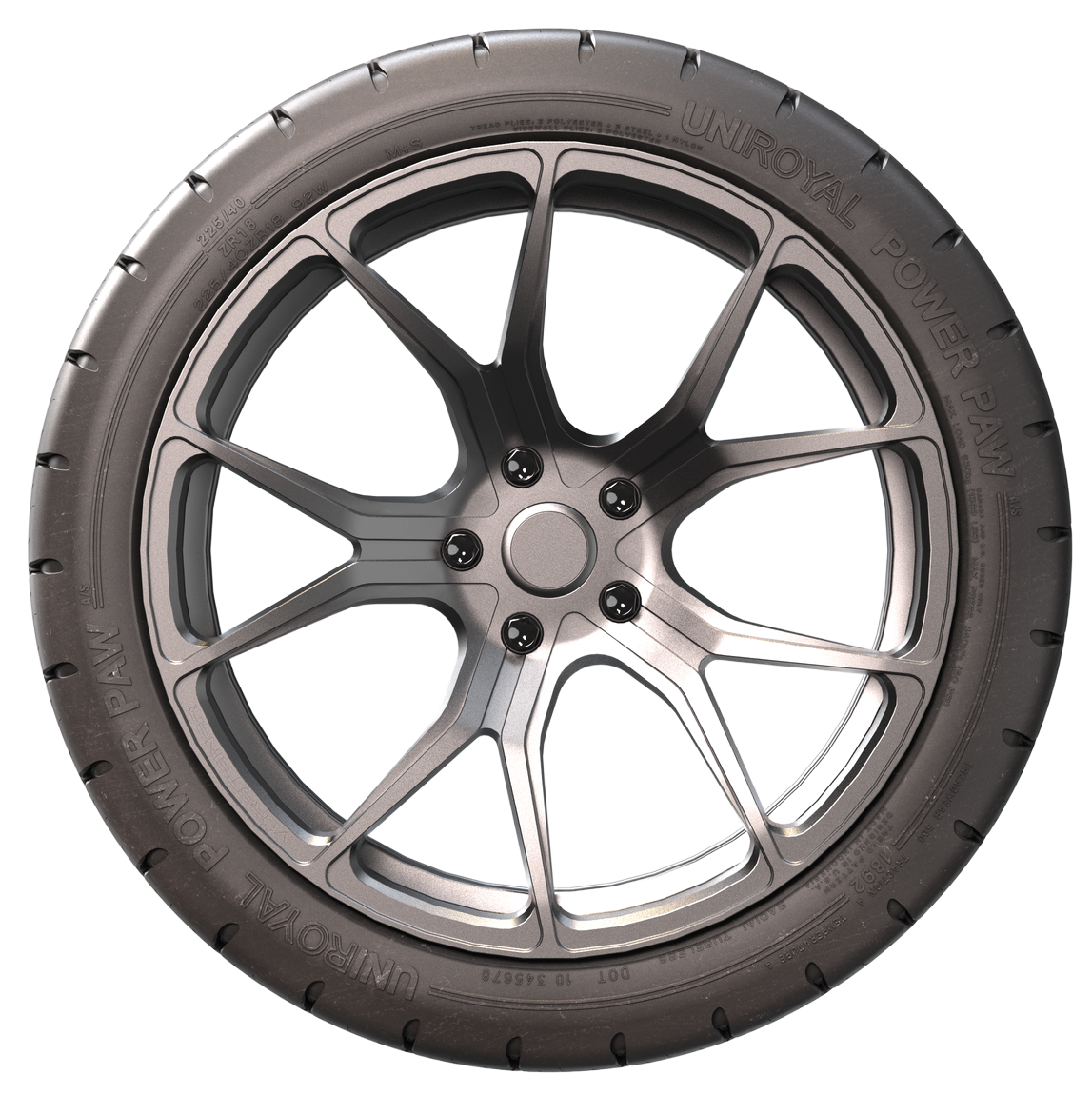 Black and silver alloy wheel with mounted tire, shown on a white background