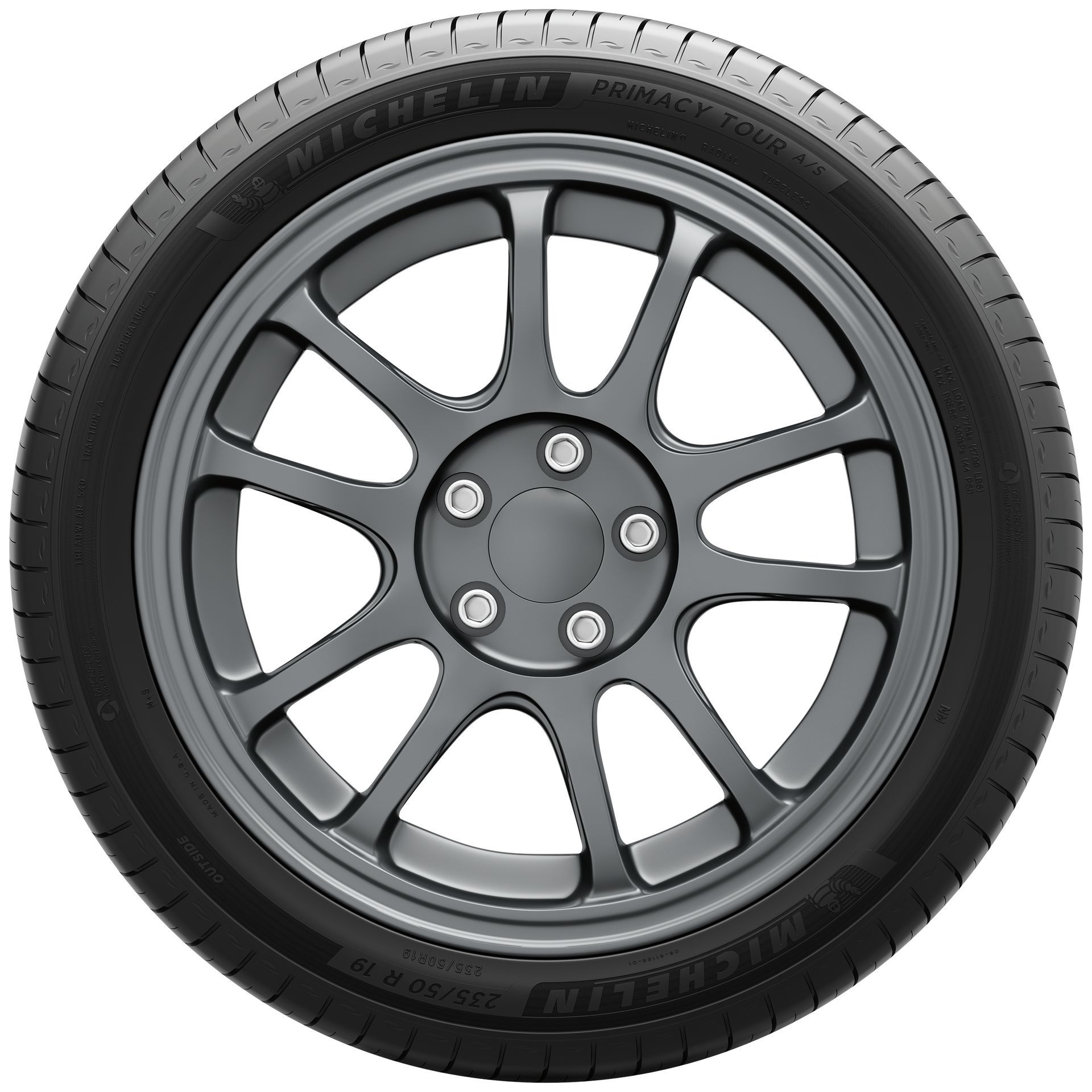 Silver alloy car wheel with black tire on a white background