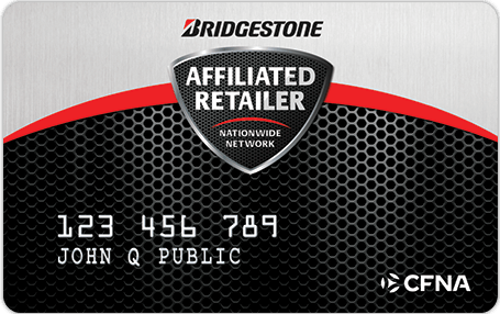Bridgestone CFNA affiliate retailer card with black hex pattern and sample customer name/number