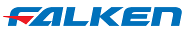 Falken logo in blue and red with stylized text and a red swoosh underline