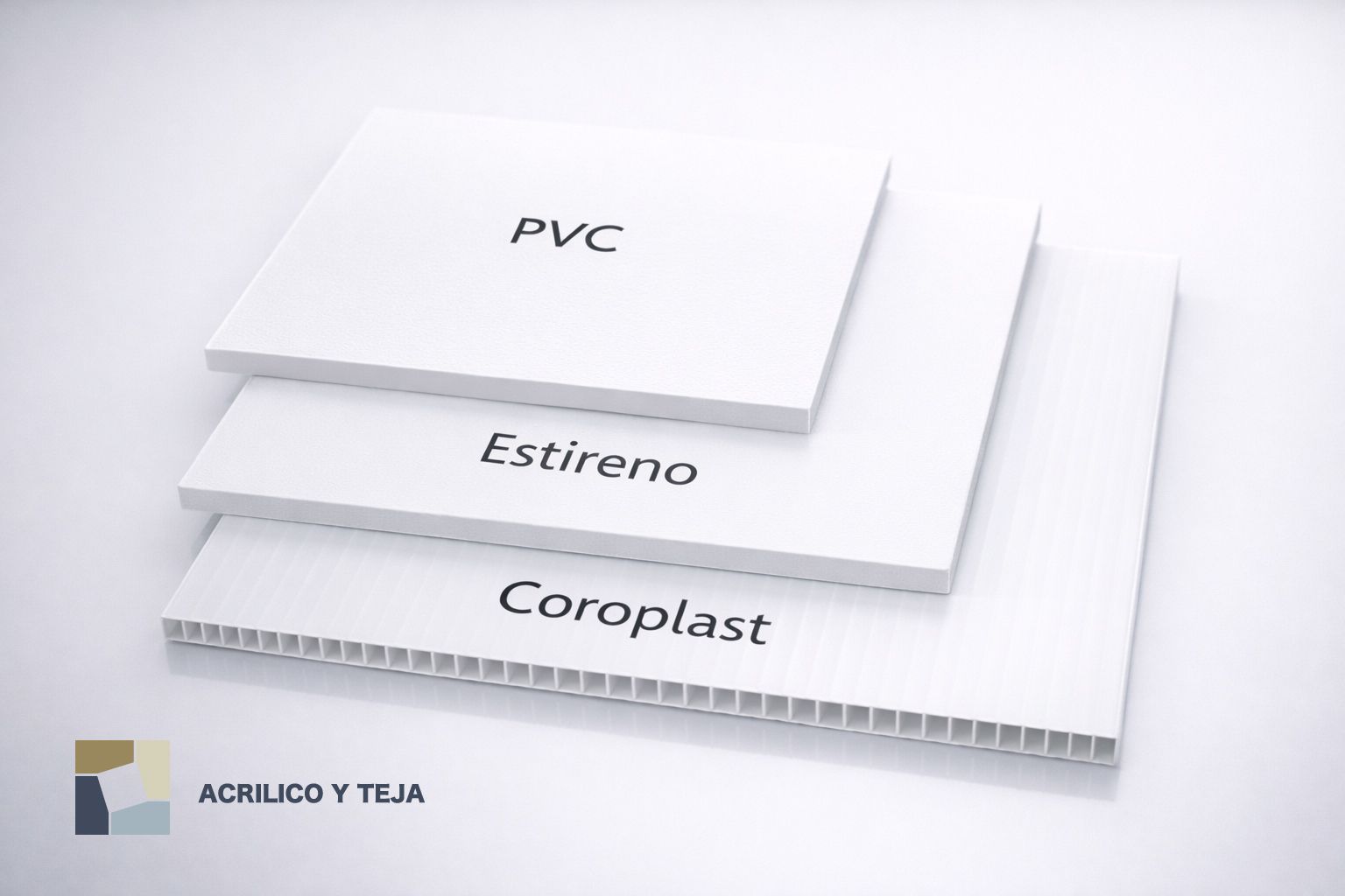 Tres láminas rectangulares blancas apiladas, etiquetadas como PVC, Estireno y Coroplast, sobre un fondo blanco.