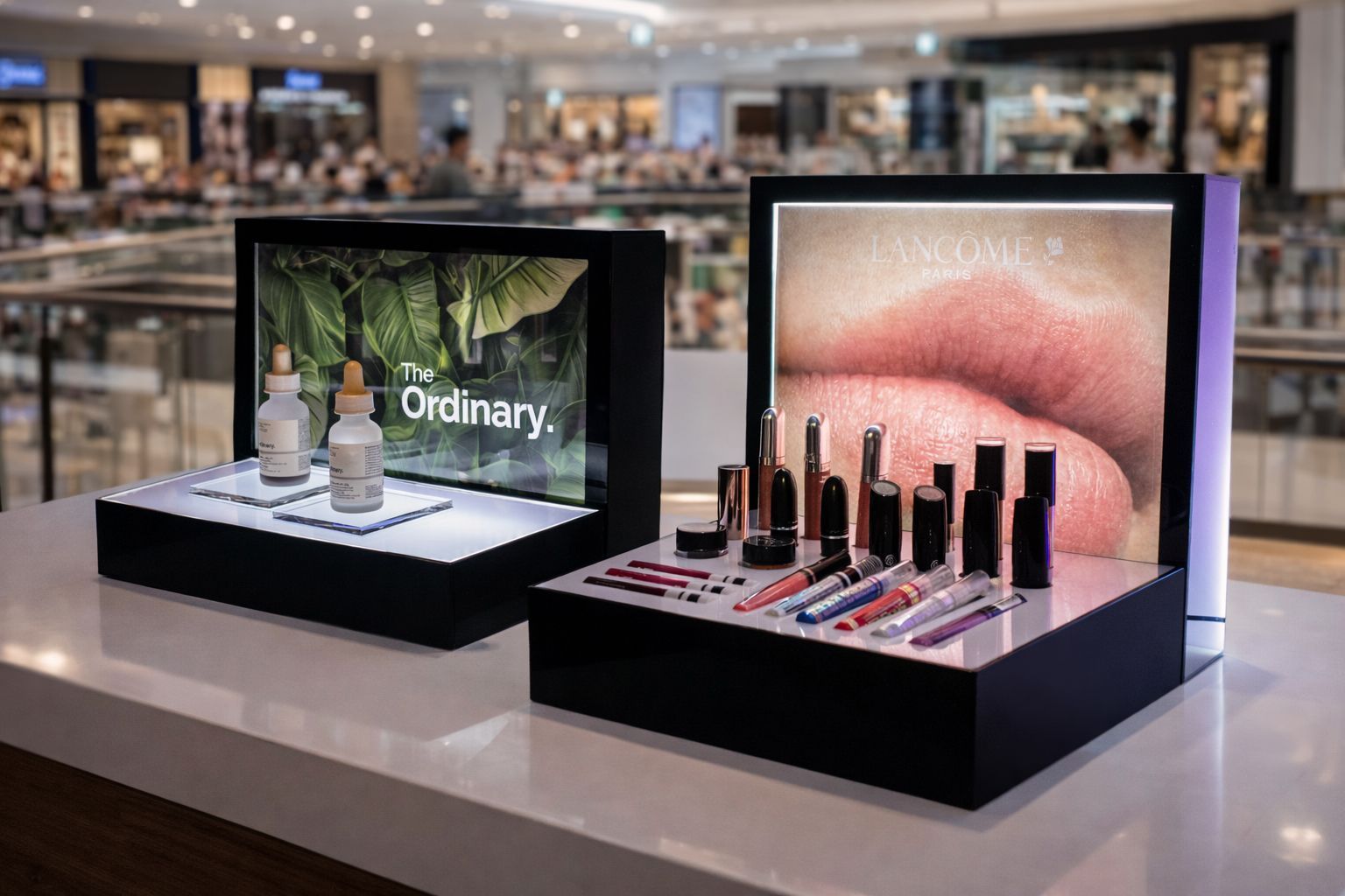 Dos expositores iluminados para productos de belleza de The Ordinary y Lancôme sobre una superficie blanca en un centro comercial.