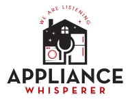 Logo: Black house silhouette with appliances, wrench, text "Appliance Whisperer." Red text "We are listening."