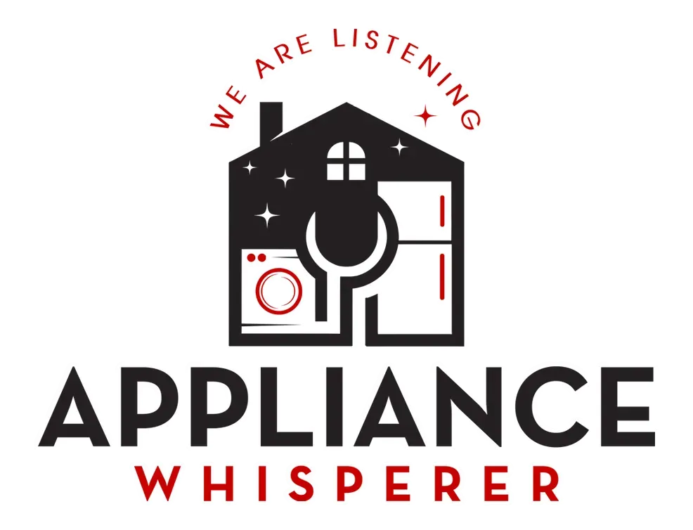 Logo: Black house silhouette with appliances, wrench, text "Appliance Whisperer." Red text "We are listening."