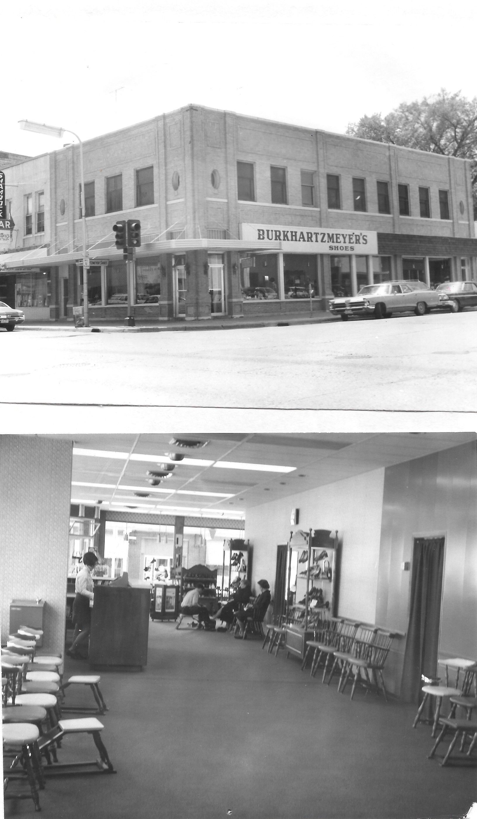 Two black-and-white photos of a corner storefront and an empty shop interior.