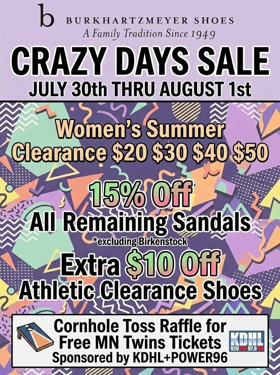 Burkhaartmeyer Shoes Crazy Days Sale flyer with clearance deals, sandals discount, and raffle offer