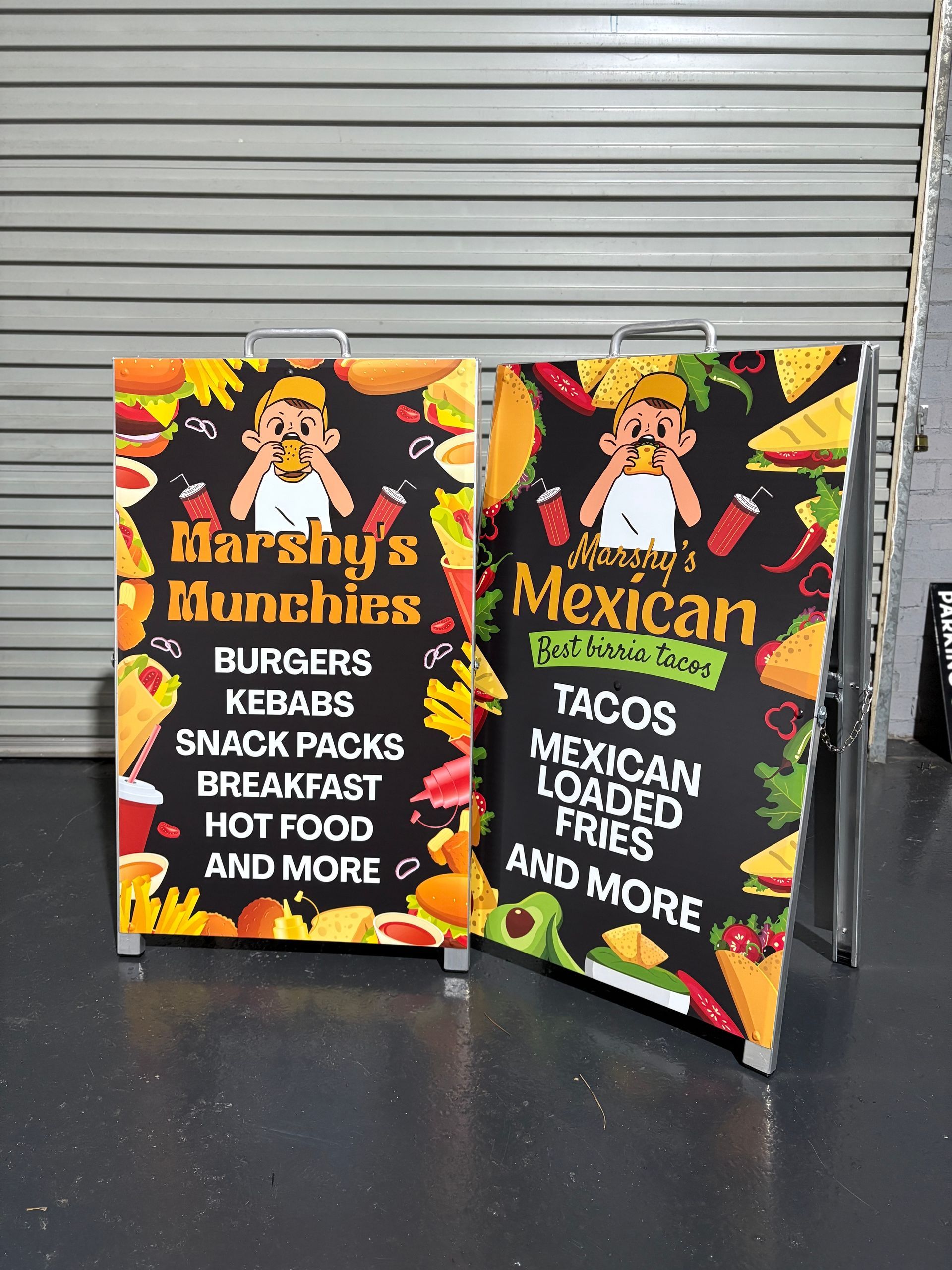 Two sandwich board signs: one for