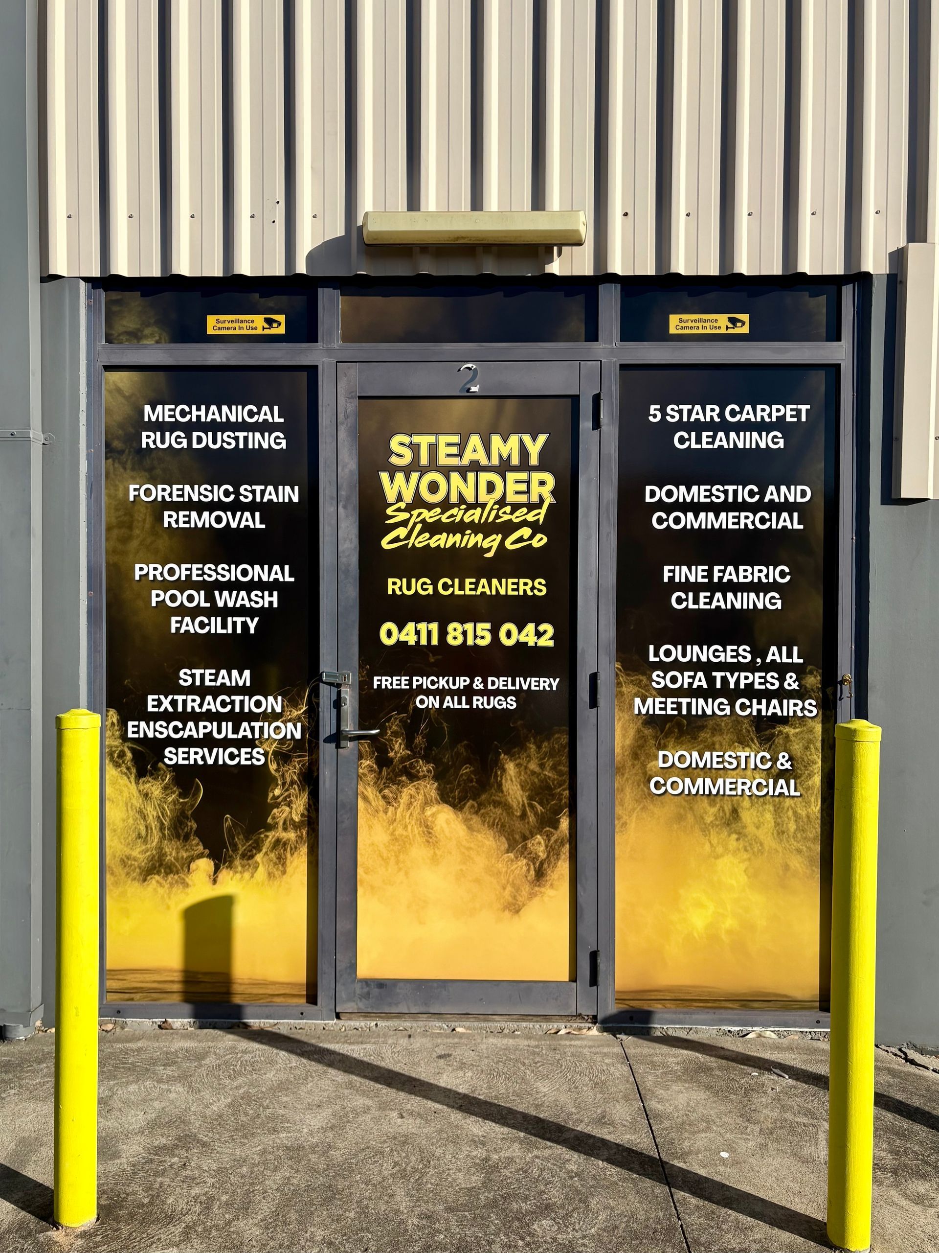 Steamy Wonder cleaning company storefront with yellow accents — Stuckup Industries in Morisset, NSW